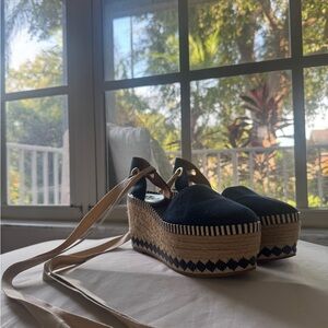 Tory Burch Blue and Tan Espadrille Platform Shoes